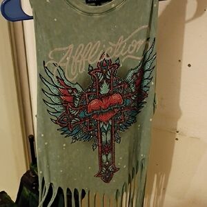 Affliction Green Fringe Tank with Winged Cross